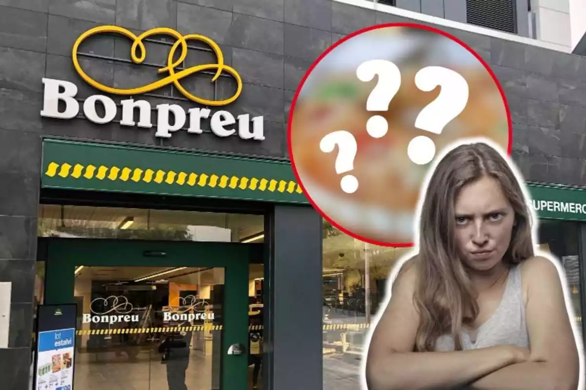 Montaje de fotos de una mujer con los brazos cruzados y expresión de enfado y, de fondo, un plano general de una tienda Bonpreu