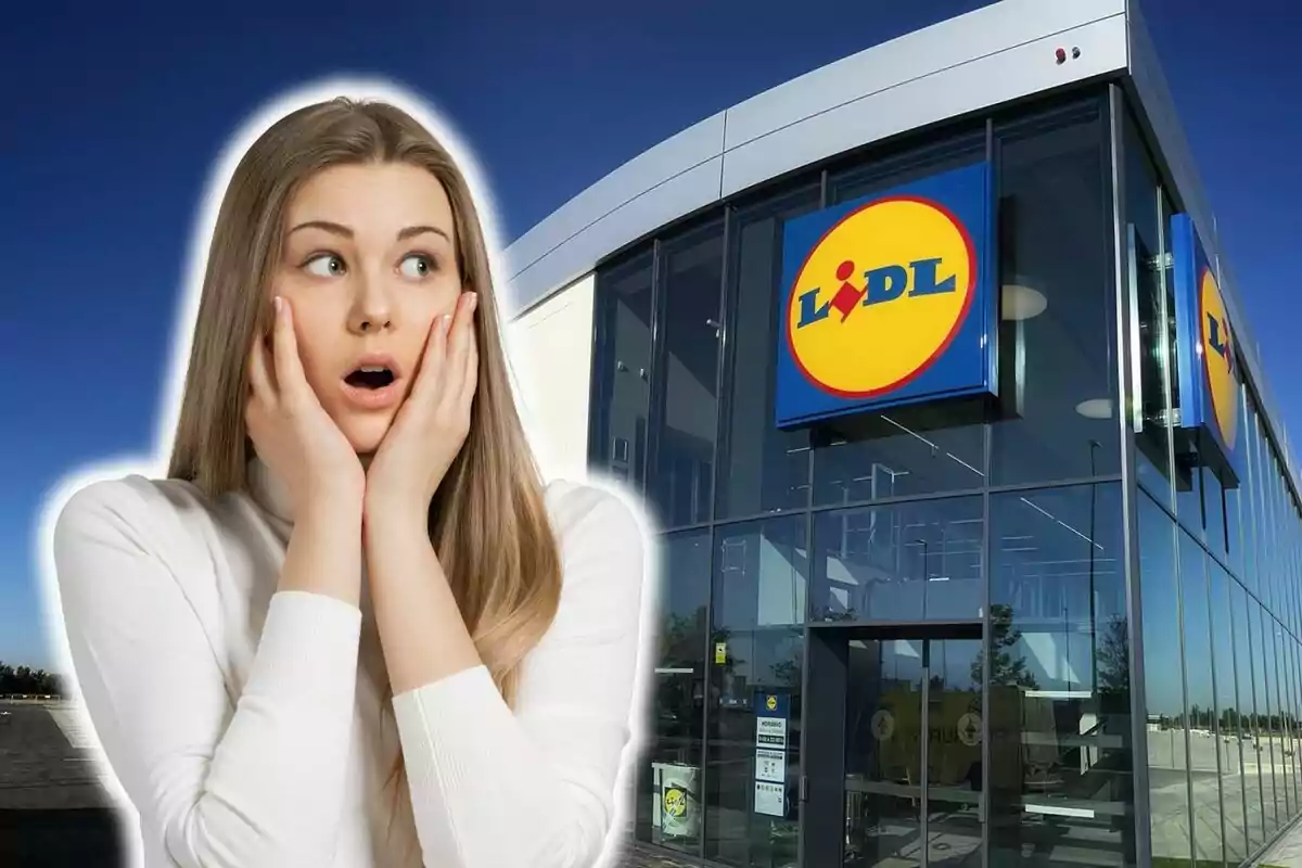 Una mujer con expresión de sorpresa frente a una tienda Lidl.