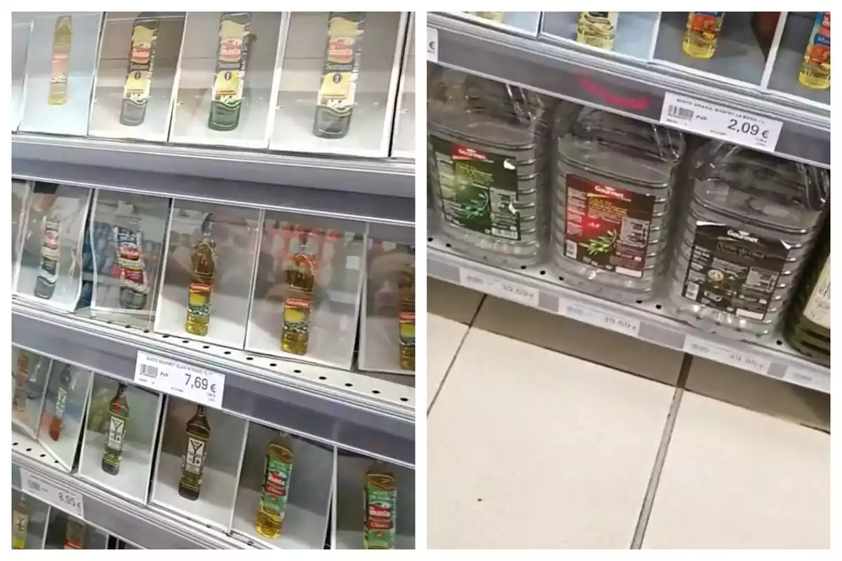 Montaje de fotos de dos estantes de aceite de oliva en un supermercado