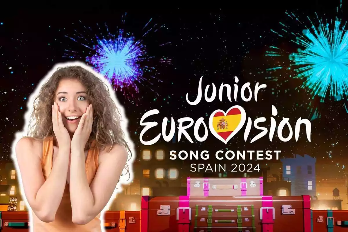 Montaje de fotos del cartel de Eurovisión Junior y, al lado, una persona con rostro de sorpresa