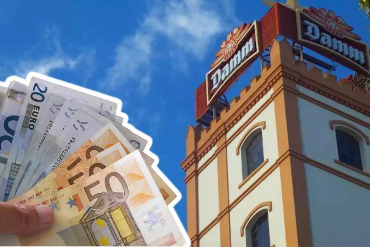 Montaje de fotos de una fábrica de Estrella Damm y, al lado, una mano sujetando billetes de euro