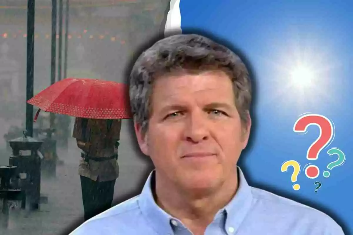 Mario Picazo al frente con fondo dividido entre un día lluvioso y soleado acompañado de signos de interrogación