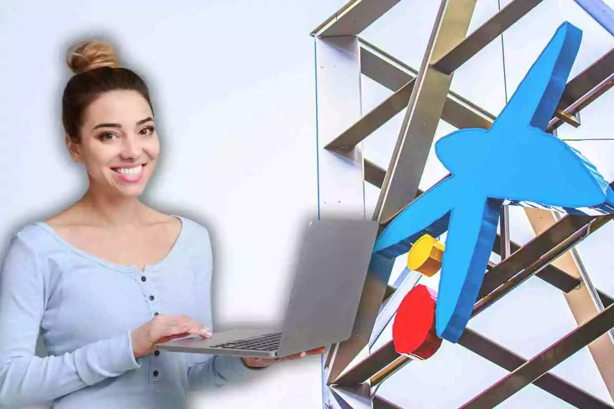 Mujer sonriente con una laptop frente a un logotipo azul y colorido de CaixaBank sobre una estructura metálica Mujer sonriente con una laptop frente a un logotipo azul y colorido de CaixaBank sobre una estructura metálica