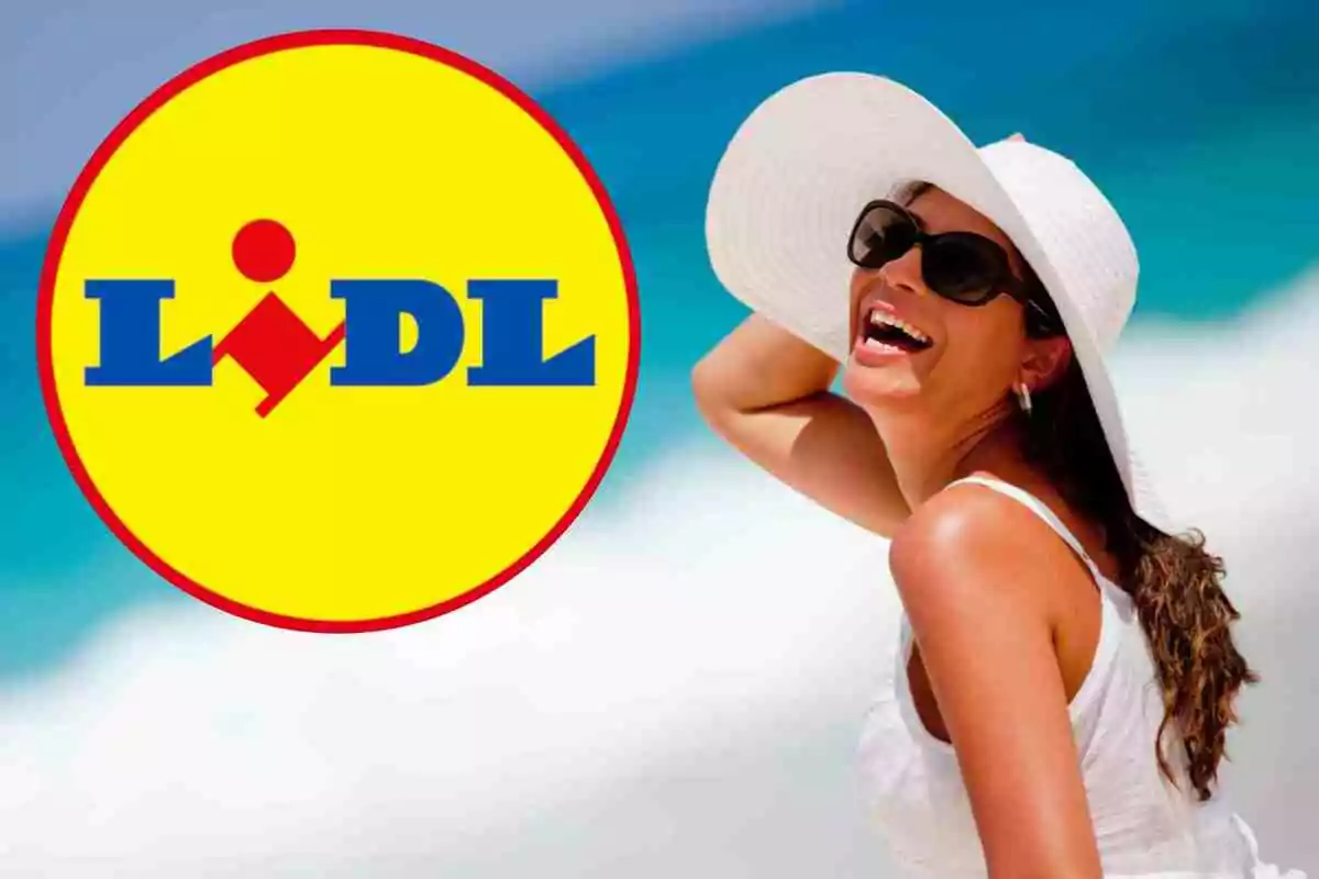 Mujer sonriente con sombrero blanco y gafas de sol en la playa junto al logo de Lidl