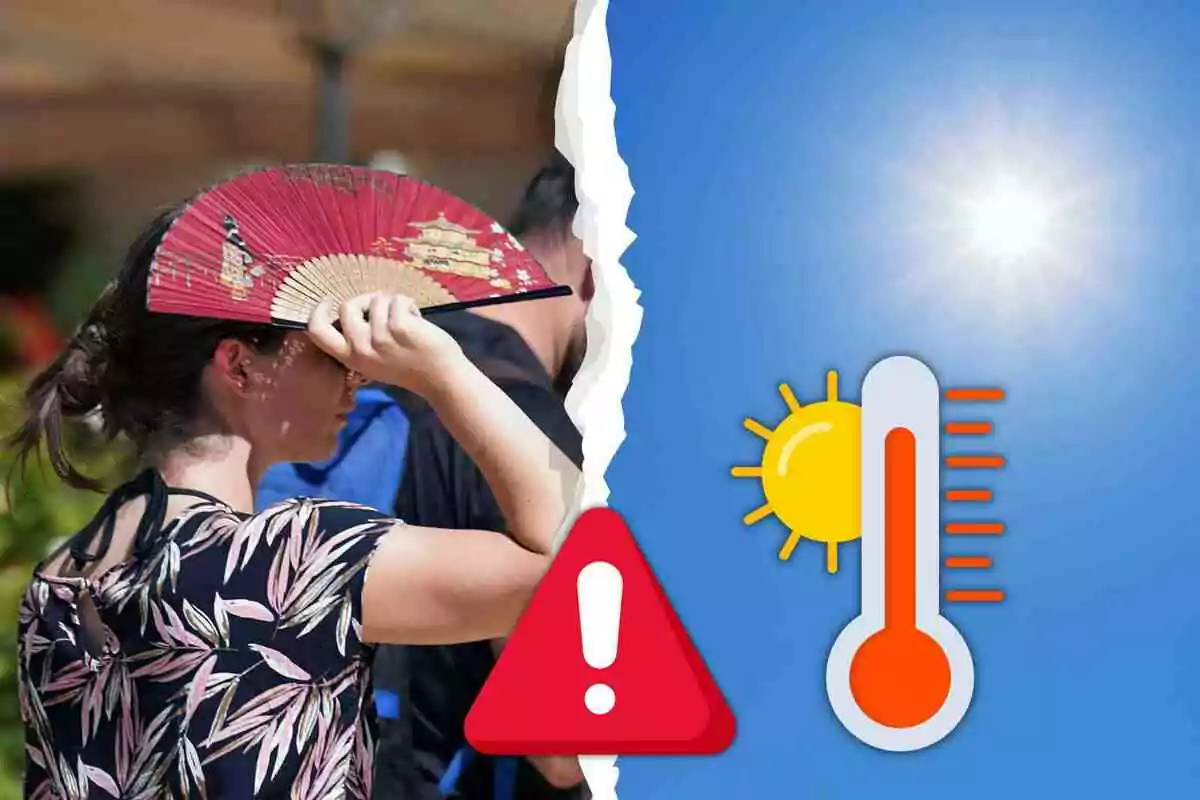 Mujer usando un abanico para protegerse del sol junto a un gráfico de termómetro alto y un símbolo de advertencia por calor extremo Mujer usando un abanico para protegerse del sol junto a un gráfico de termómetro alto y un símbolo de advertencia por calor extremo
