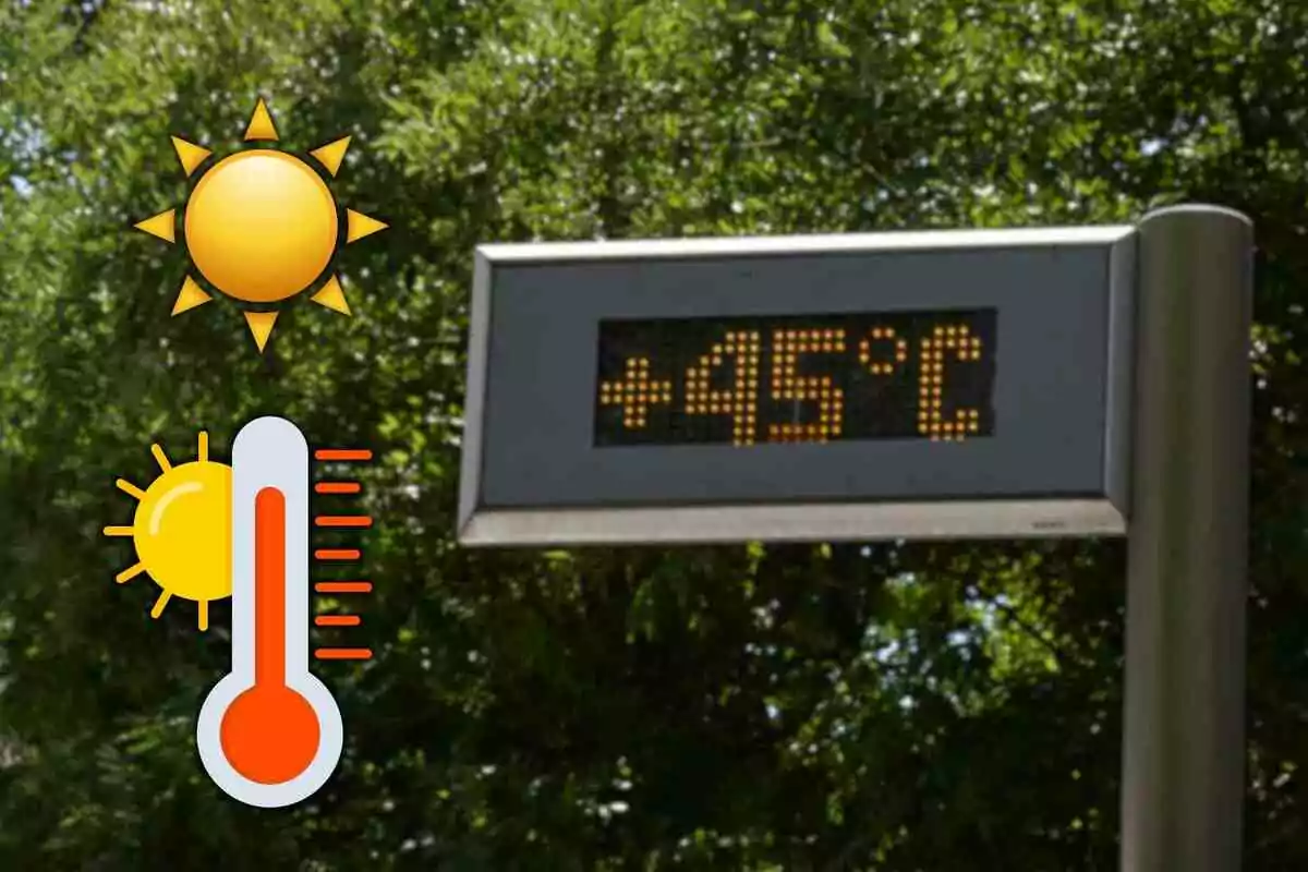 Termómetro digital en la calle marcando 45 grados centígrados con árboles de fondo y dibujos de sol y calor. Termómetro digital en la calle marcando 45 grados centígrados con árboles de fondo y dibujos de sol y calor.