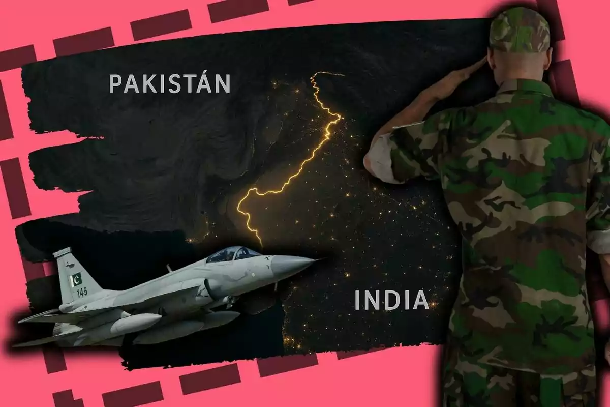 Un militar saluda frente a un mapa nocturno que muestra la frontera iluminada entre Pakistán e India, con un avión militar en primer plano.