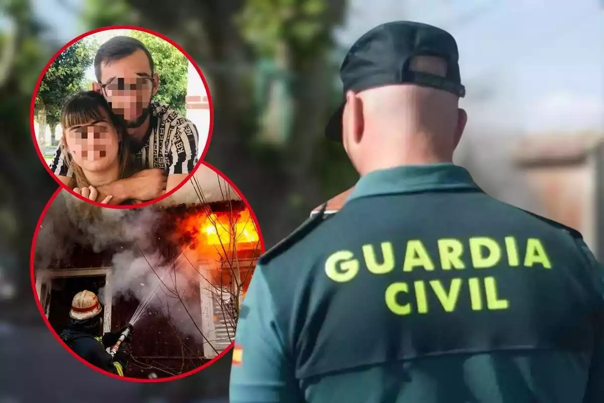 Montaje de fotos de un guardia civil de espaldas y, al lado, la imagen de un bombero apagando un fuego y una pareja con la cara pixelada