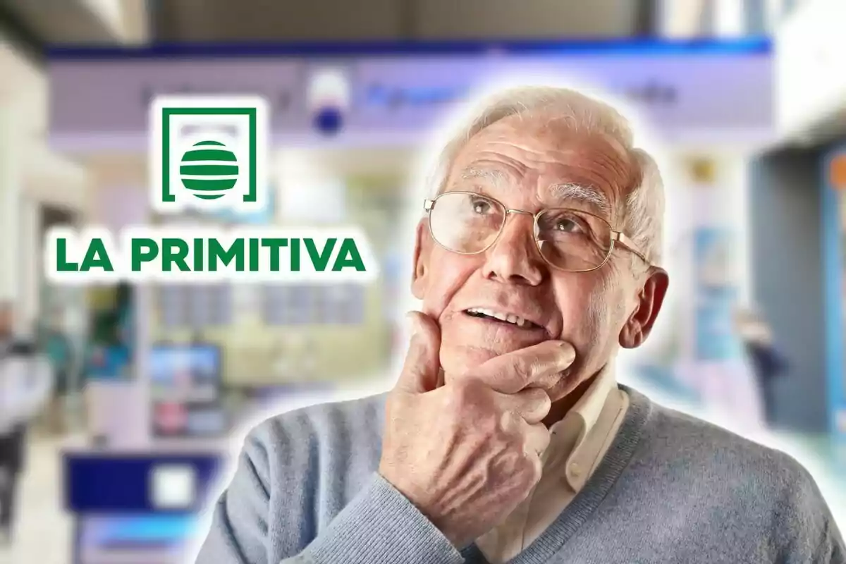 Un hombre mayor con gafas y suéter gris aparece pensativo frente a un fondo borroso, con el logo y el texto "La Primitiva" en verde.