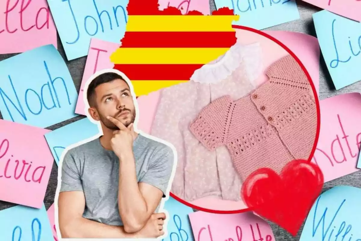 Montaje de fotos de hombre pensativo mirando ropa de niña con bandera catalana y un corazón