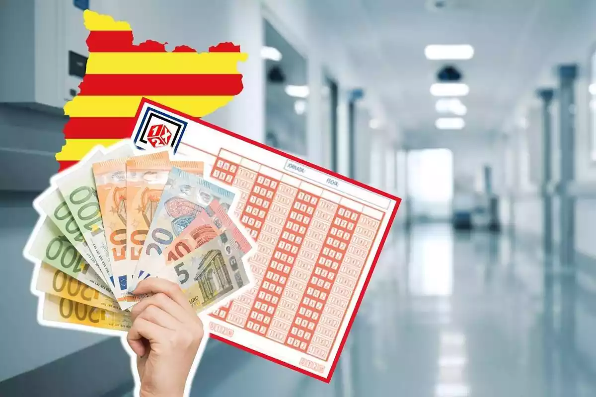 Montaje de fotos del interior de un hospital de fondo y, delante, una mano sujetando billetes de euro, una quiniela y la silueta de Cataluña