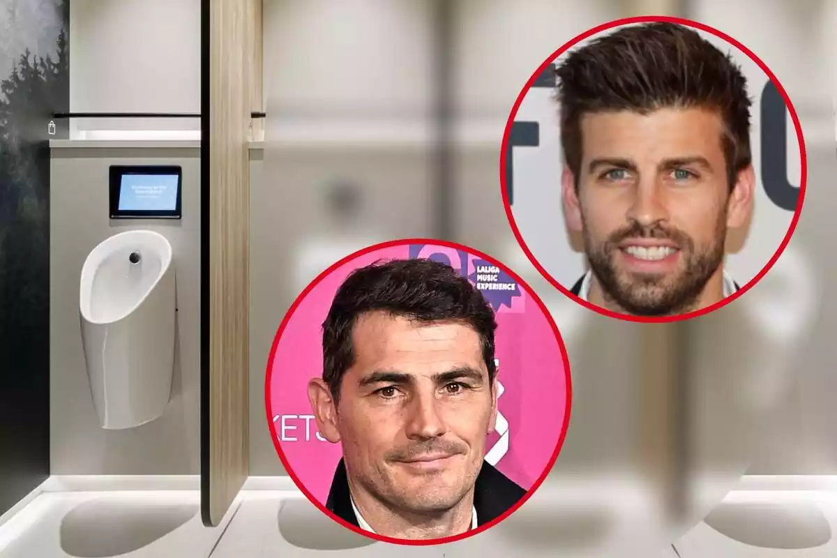 Montaje de fotos de Gerard Piqué e Iker Casillas, ambos sonrientes, y de fondo una imagen del S-Urinal, el nuevo producto del negocio de ambos