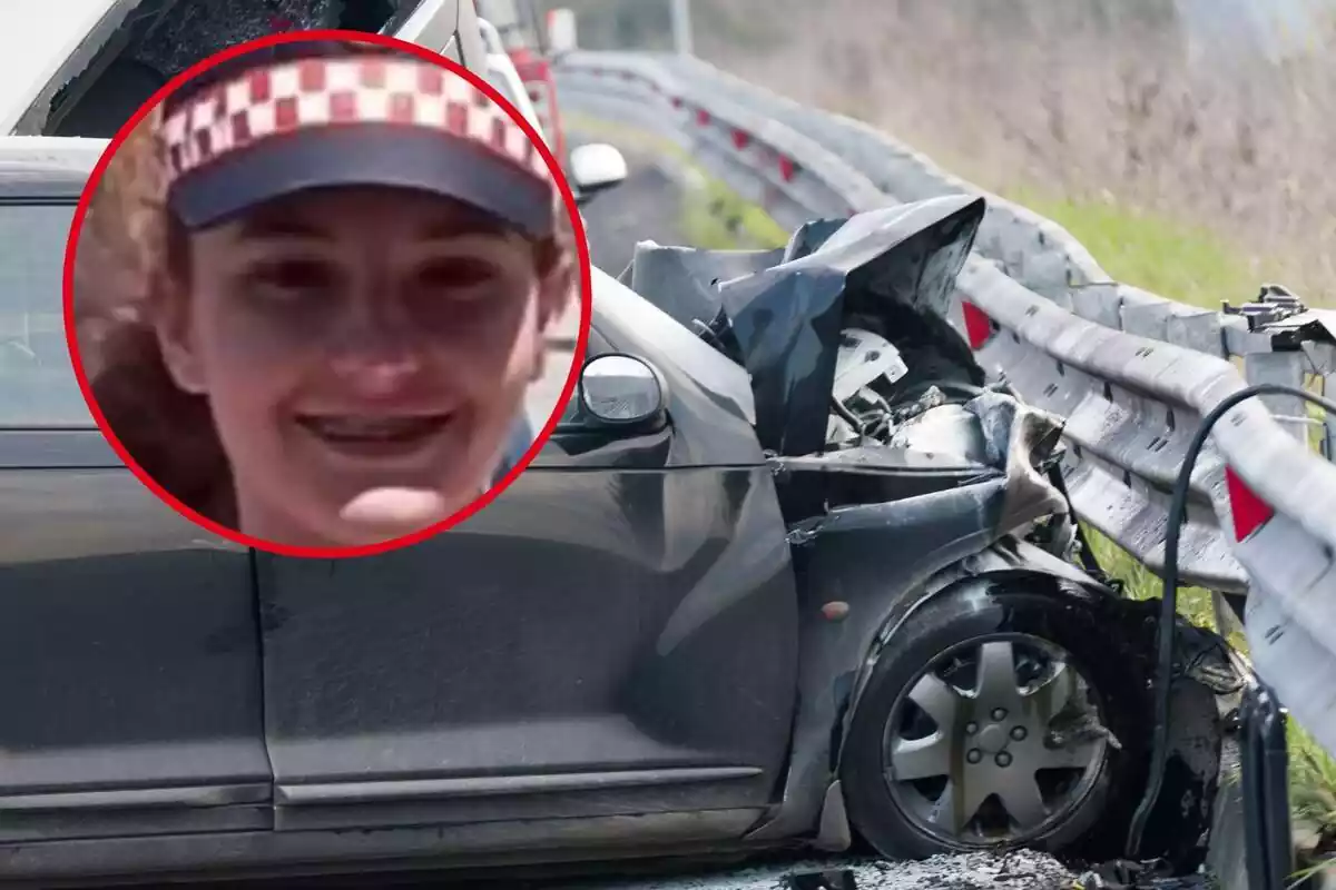 Montaje de fotos de primer plano de Inés Sánchez sonriente y, detrás, una imagen de recurso de un coche accidentado