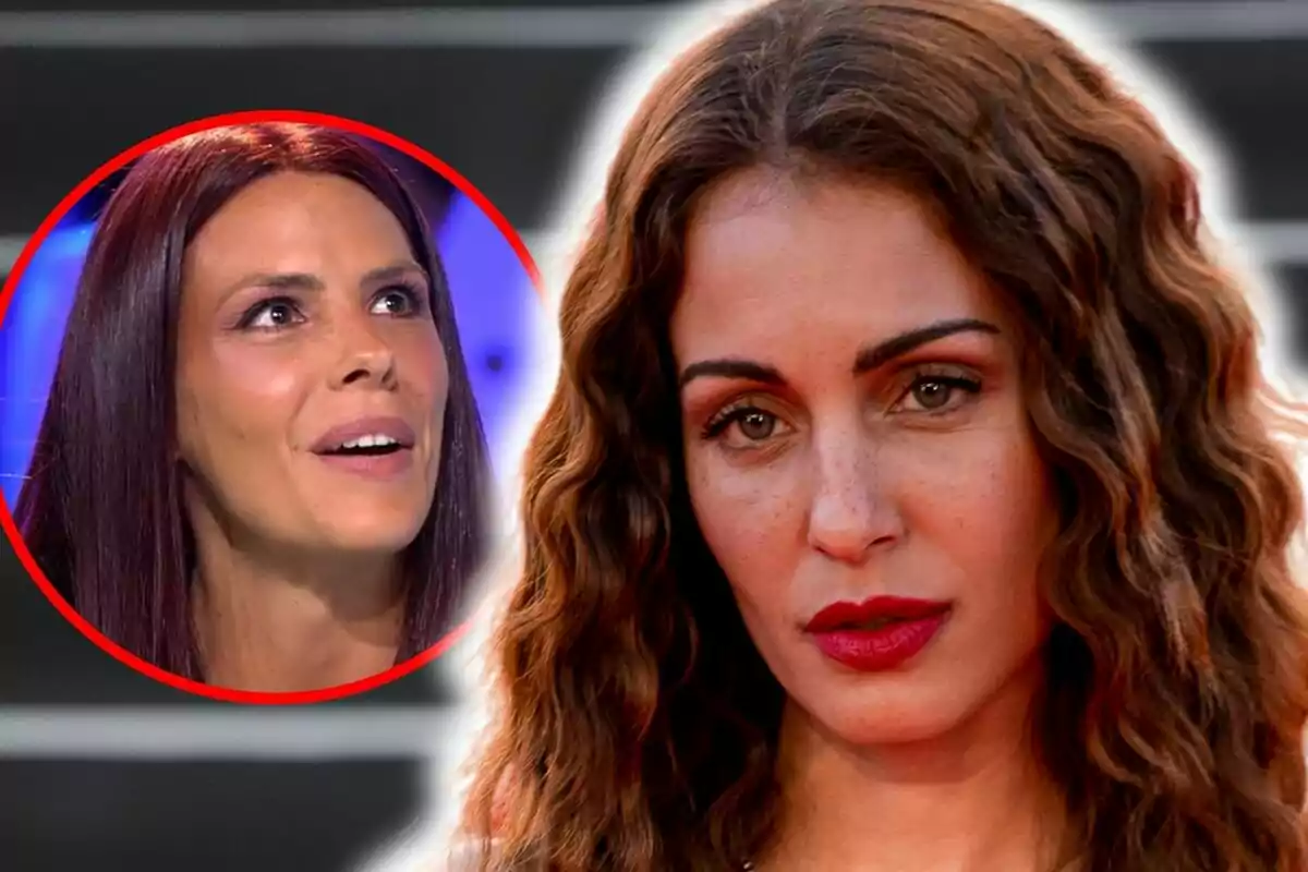 Dos mujeres con expresiones faciales diferentes, una es Laura Matamoros en un círculo rojo con rostro de expresión e Hiba Abouk en primera plano con rostro serio y con el cabello rizado.