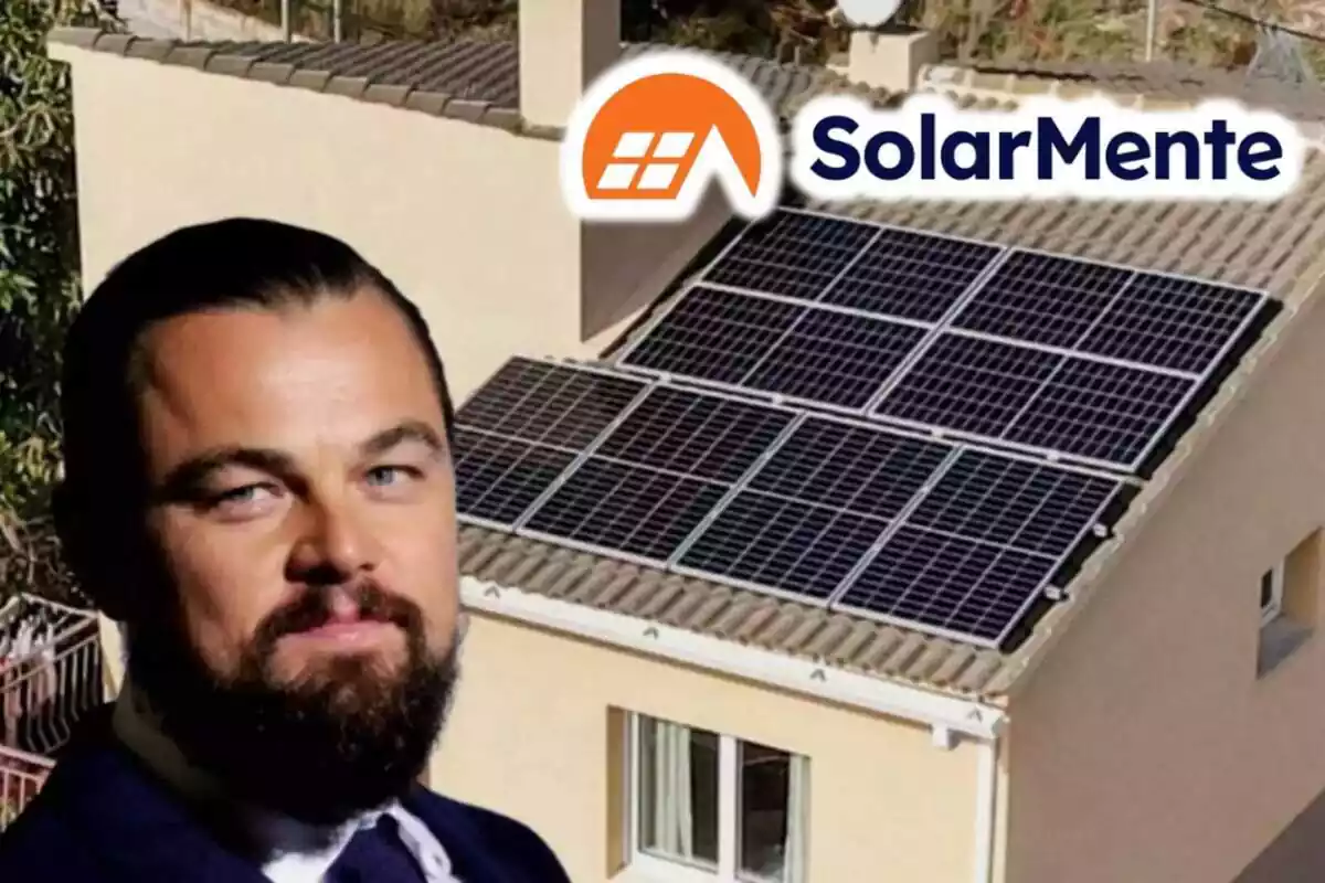 Montaje de fotos de una vivienda con placas solares, Leonardo diCaprio sonriendo con un traje azul y el logo de SolarMente al lado