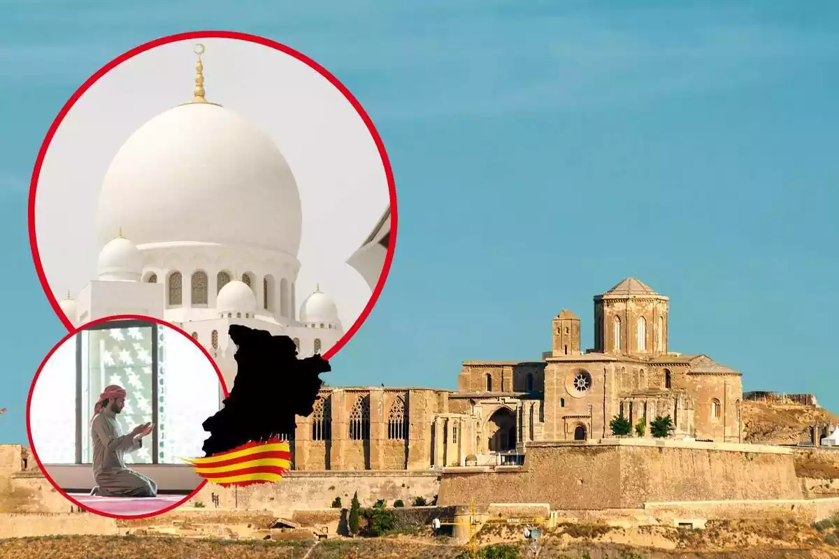 Montaje de fotos de un plano general de Lérida, una mezquita y un musulmán rezando en su interior