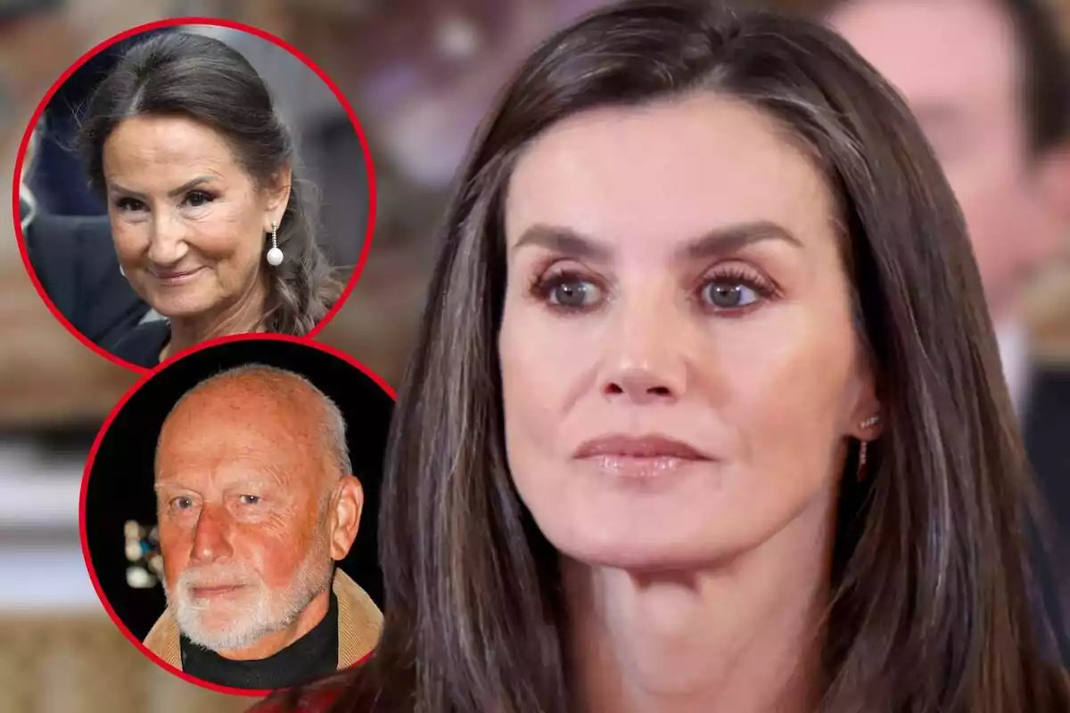 Montaje de fotos de primer plano de Paloma Rocasolano sonriente, Marcus Brandler y la reina Letizia Ortiz con rostro serio