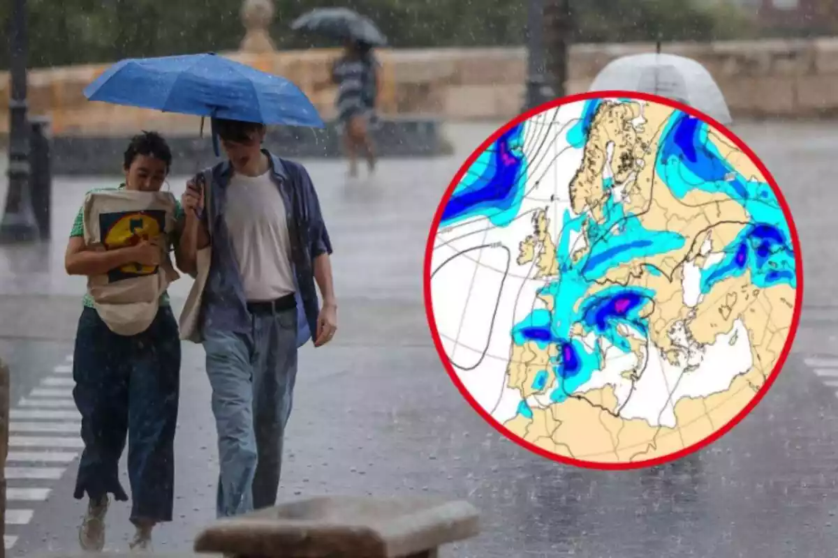 Montaje de fotos de dos personas a pie baja la lluvia y junto a una imagen de un mapa con precipitaciones