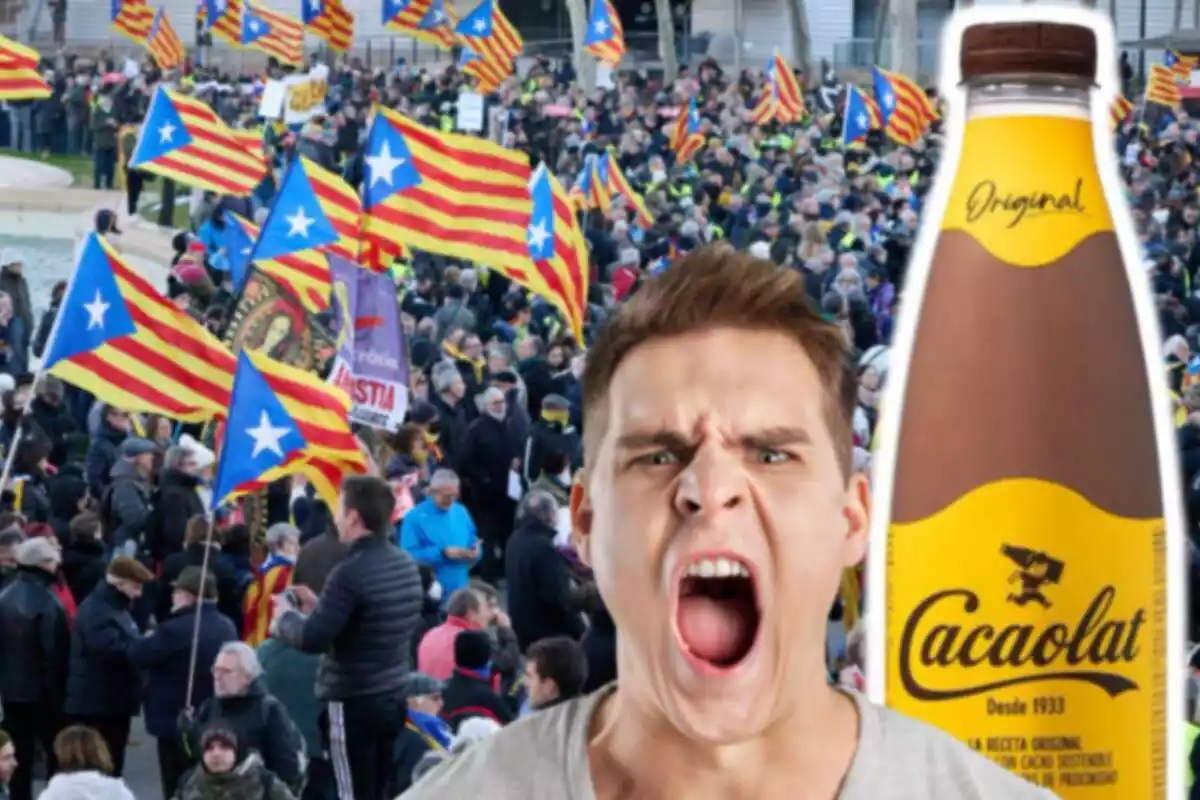 Montaje de fotos de una manifestación independentista y, al lado, la imagen de una botella de Cacaolat y un hombre con rostro de enfado