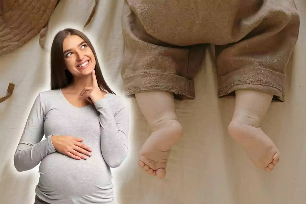 Montaje de fotos de una mujer embarazada y, de fondo, unos pies de bebé