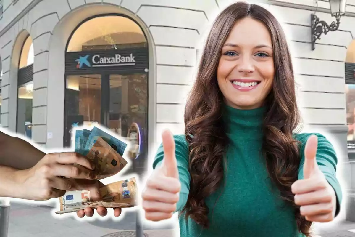 Una mujer sonriente con pulgares hacia arriba, un edificio de CaixaBank y manos intercambiando billetes de euro.