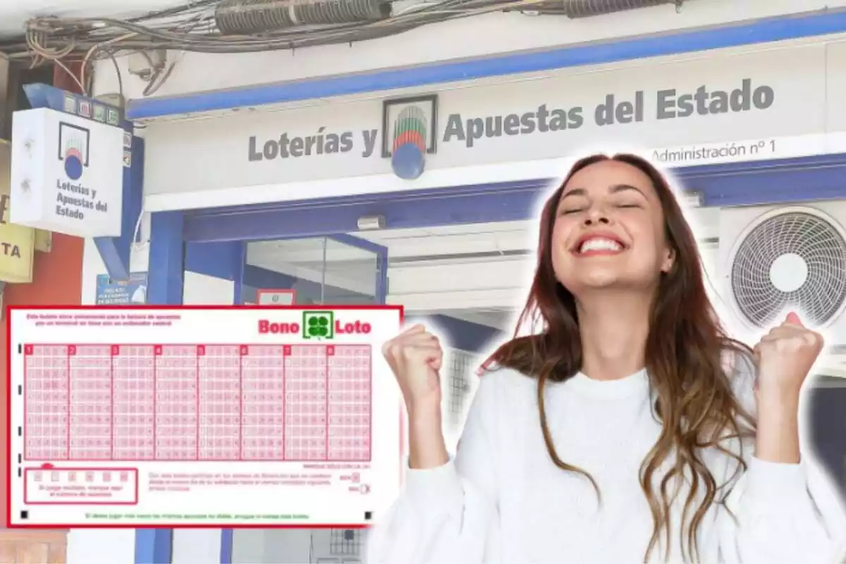 Montaje de fotos de una mujer muy feliz con una administración de Loterías y Apuestas del Estado de fondo y, al lado, la imagen de un boleto de la bonoloto