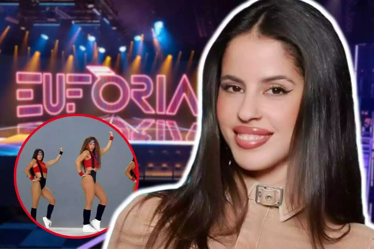 Montaje de fotos de primer plano de Natalia Palomares sonriente y, al lado, una imagen de ella bailando con Shakira; de fondo, un plano general del plató de 'Eufòria' de TV3