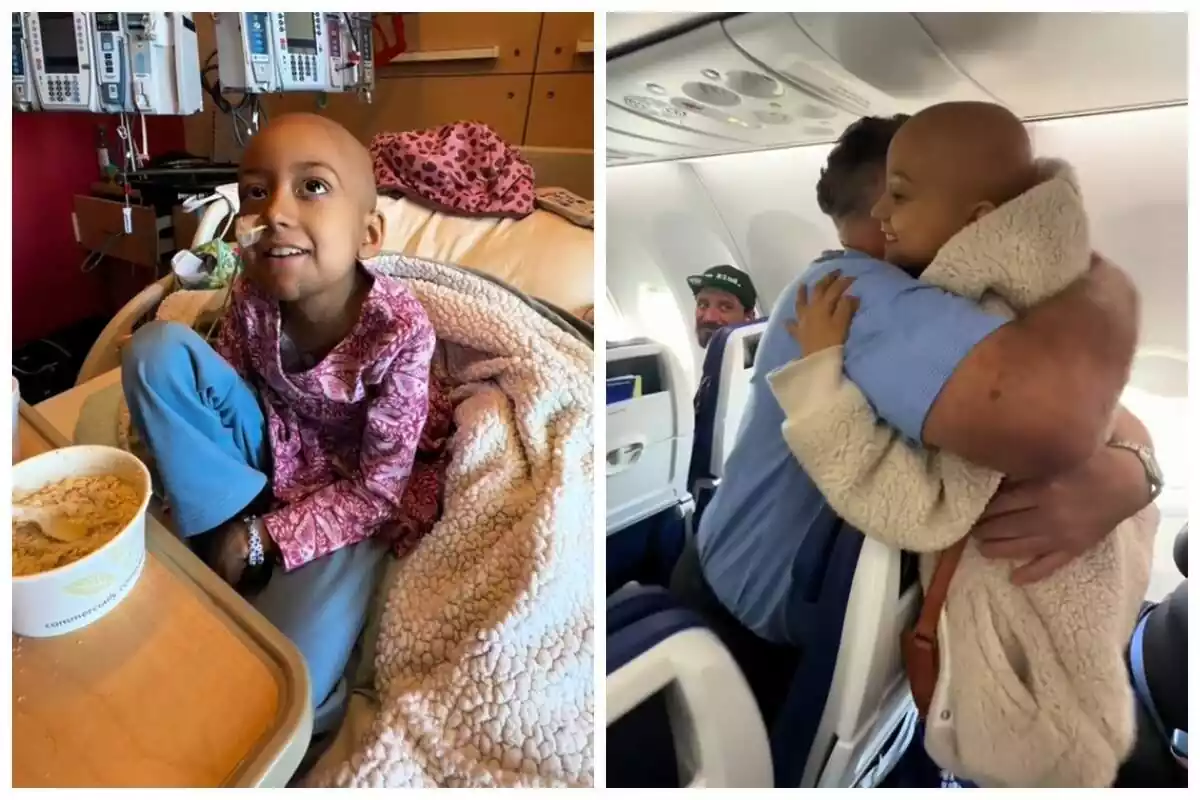 Montaje de fotos de una niña de 8 años en el hospital sonriente y, al lado, una imagen de ella abrazada a una persona en el interior de un avión