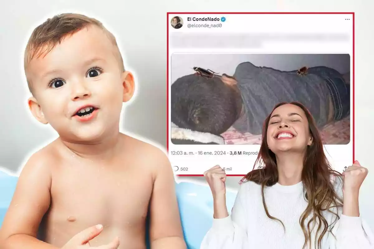 Montaje de fotos de un bebé en el interior de una bañera, una mujer celebrando algo con rostro muy contento y, de fondo, la captura de pantalla de un tweet viral con el contenido borroso