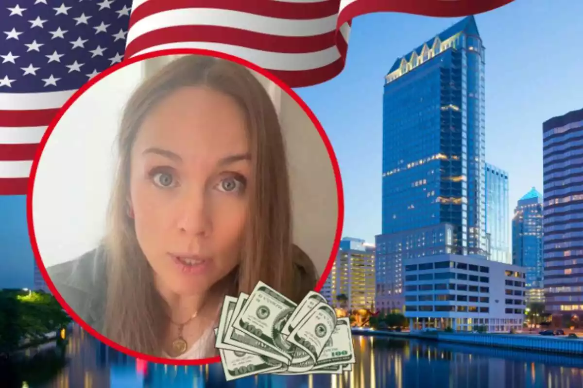 Montaje de fotos de la tiktoker Nury Calvo con rostro de sorpresa y, al lado, un emoji de billetes de dolar; de fondo, una imagen de la ciudad Florida (Estados Unidos)