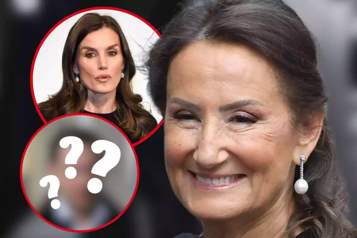 Montaje de fotos de primer plano de Paloma Rocasolano con rostro sonriente, la reina Letizia con rostro serio y otra imagen con el contenido borroso e interrogantes