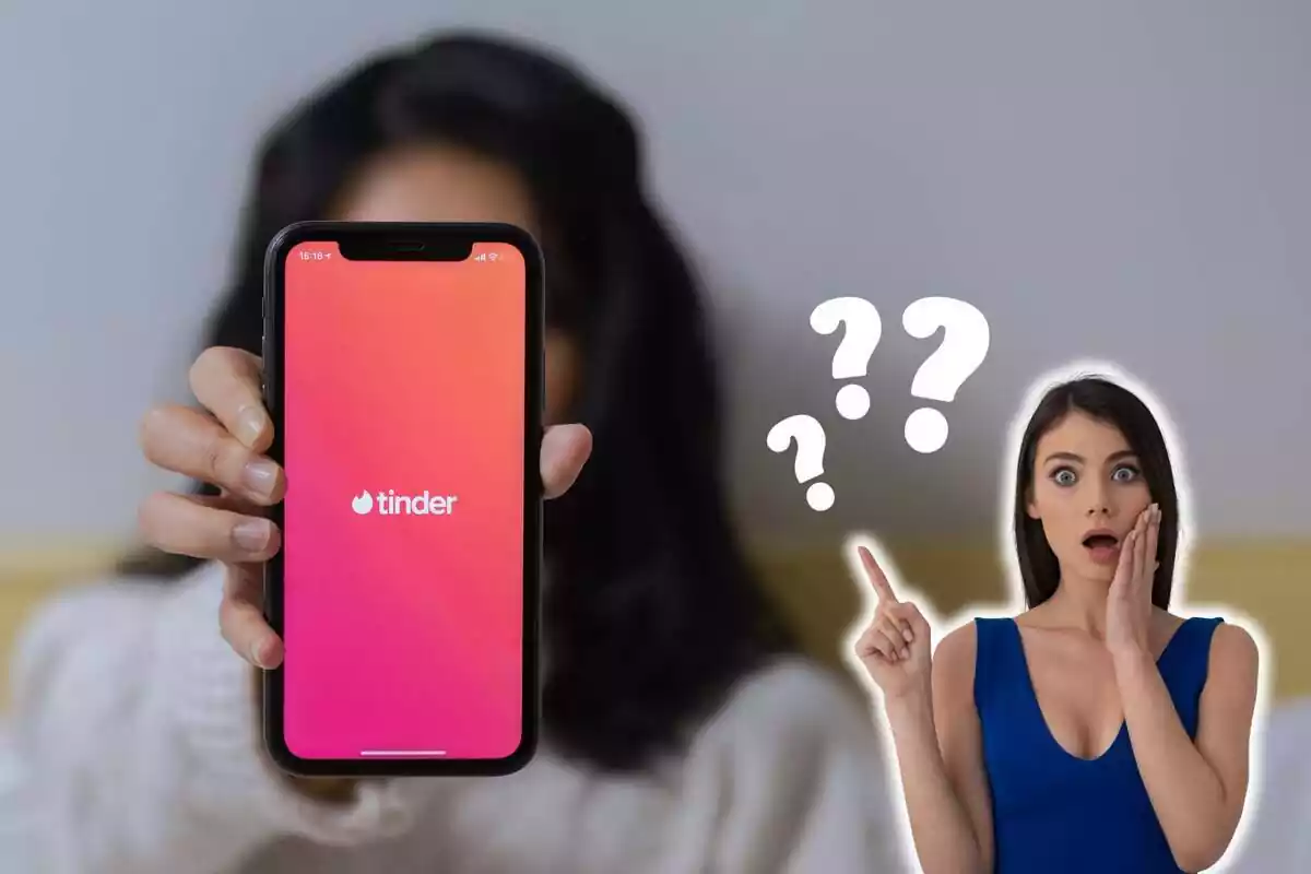 Montaje de fotos de una chica sujetando la pantalla de un móvil donde aparece la aplicación Tinder abierta y, al lado, una chica con rostro de sorpresa