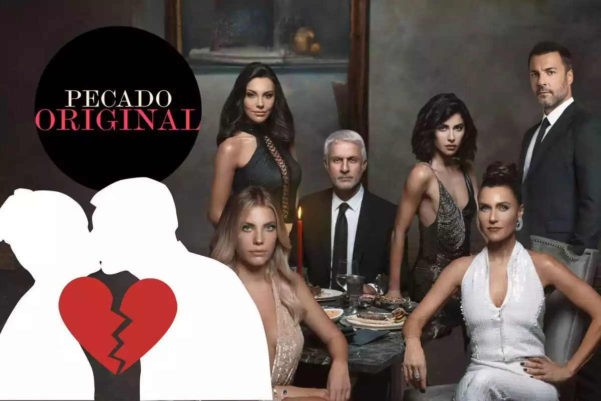 Montaje de fotos del cartel de la serie 'Pecado Original' y, al lado, una silueta de una pareja con el corazón roto