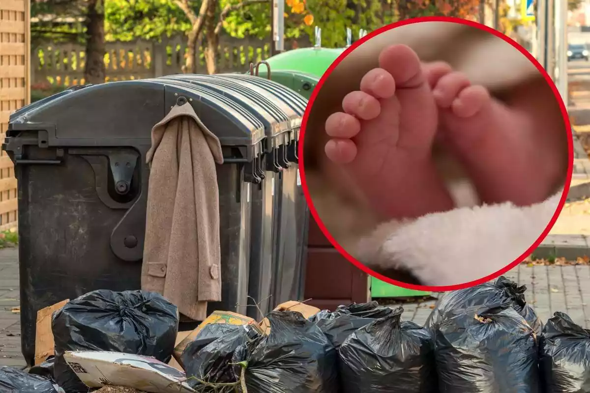 Montaje de fotos de los pies de un recién nacido y unos contenedores de basura de fondo
