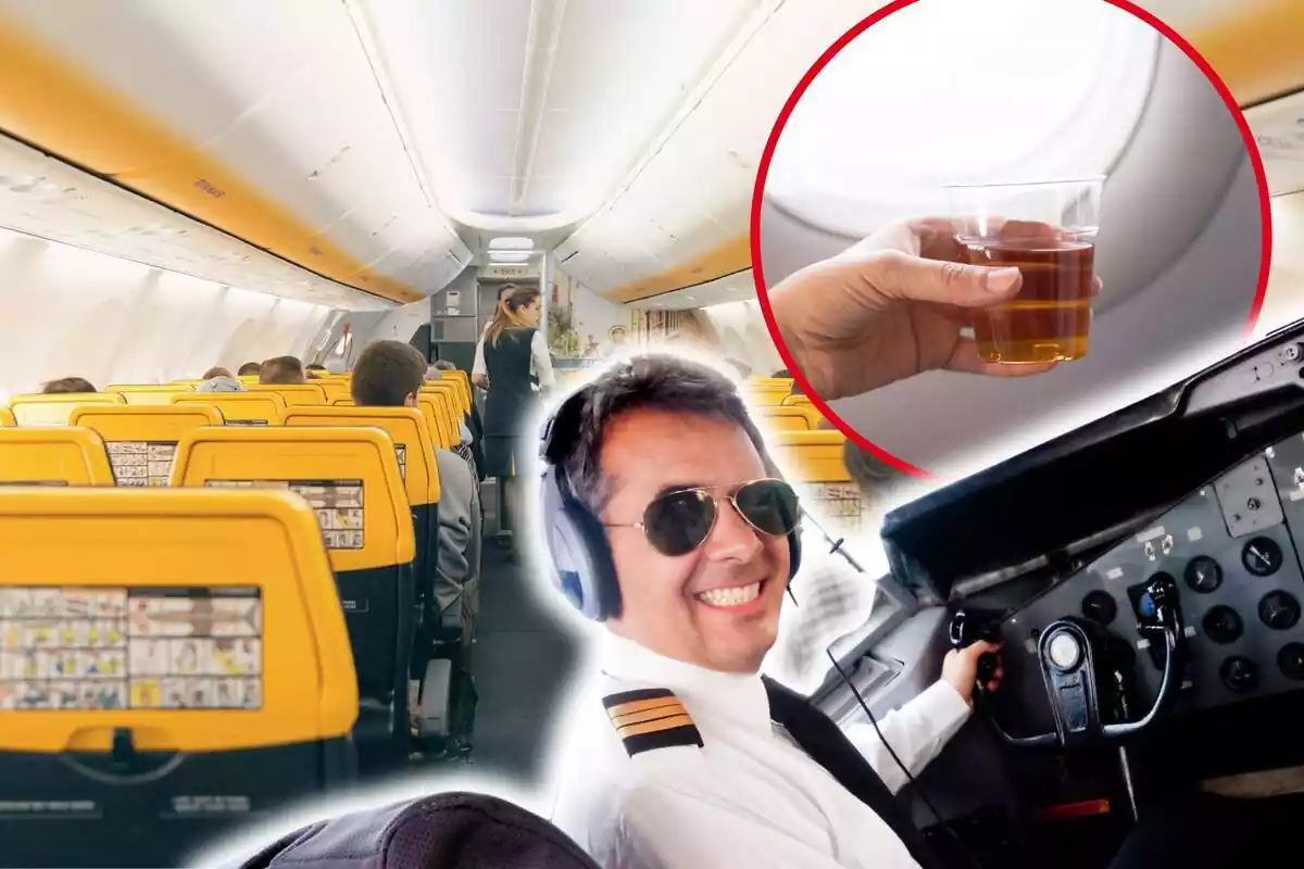 Montaje de fotos del interior de un avión, un piloto sonriendo y, al lado, una imagen de una mano sujetando un vaso de alcohol en el interior del avión