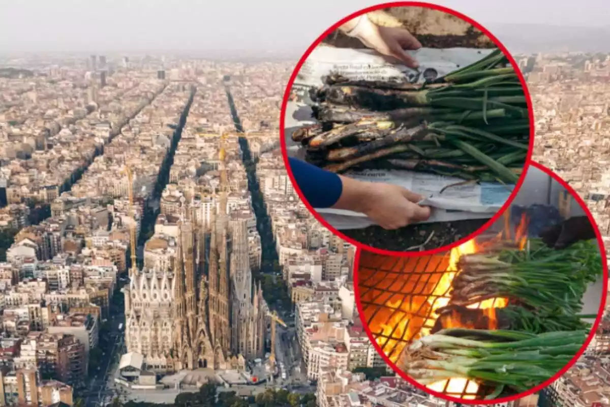 Montaje de fotos de un plano general de Barcelona y, al lado, imágenes de calçots cocinándose