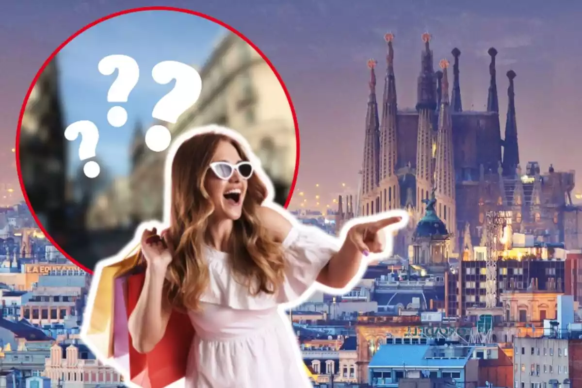 Montaje de fotos de un plano general de Barcelona y, al lado, una imagen difuminada con interrogantes y una mujer con bolsas de compra