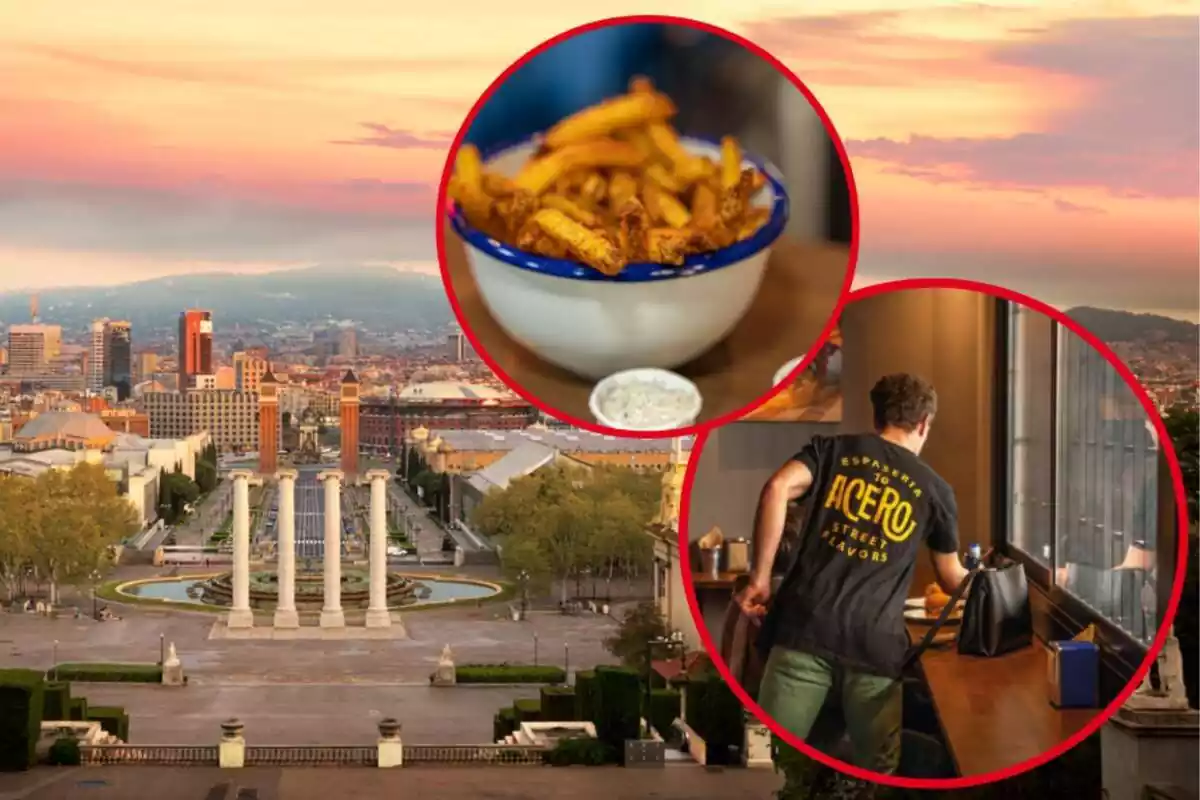 Montaje de fotos de un camarero sirviendo, un plato de patatas y de fondo un plano general de la ciudad de Barcelona