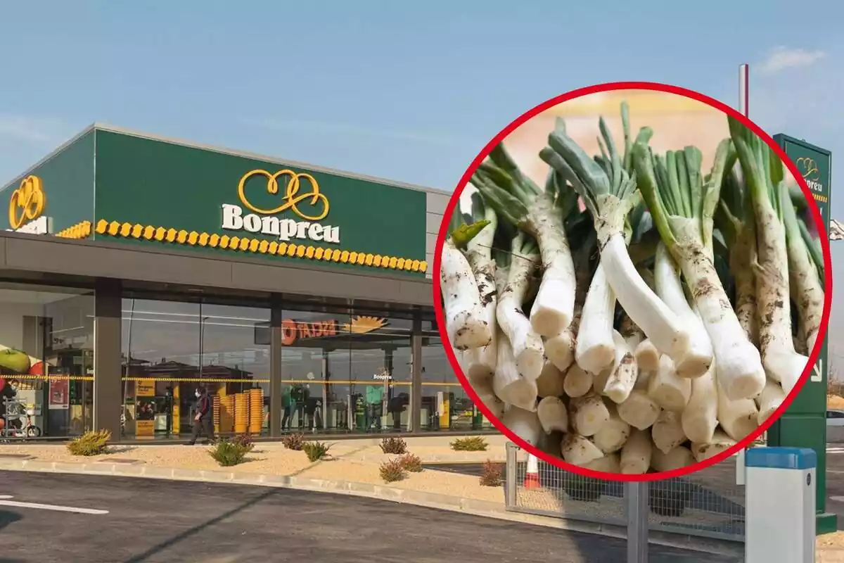 Montaje de fotos de un plano general de un supermercado Bonpreu y, al lado, la imagen de un manojo de calçots crudos