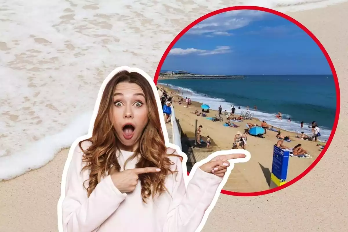 Montaje de fotos de la playa Nova Mar Bella de Barcelona y, al lado, una persona con rostro de sorpresa