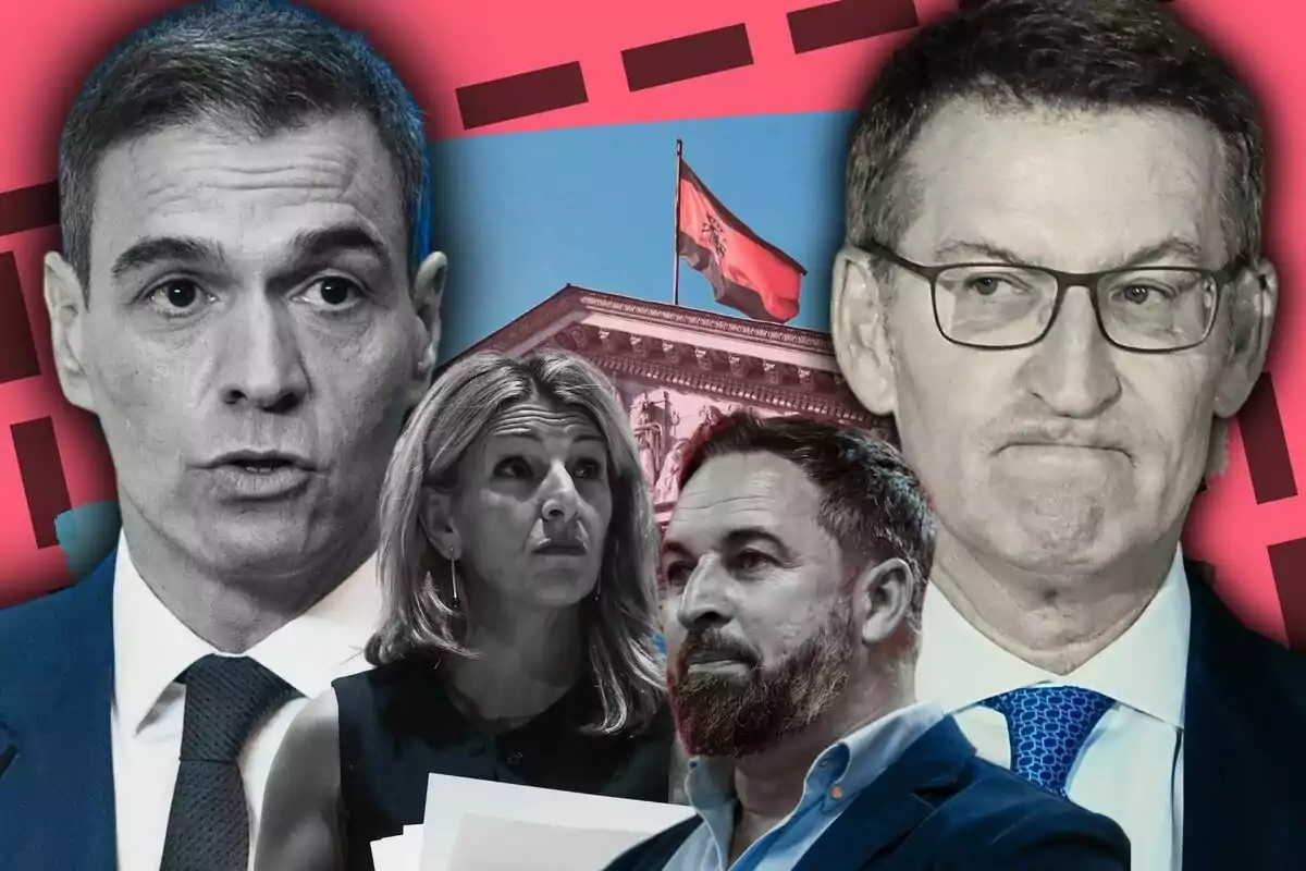 Un collage de Pedro Sánchez, Alberto Núñez Feijóo, Yolanda Díaz y Santiago Abascal, todos en blanco y negro, con una imagen del Congreso de los Diputados de fondo y una bandera de España.