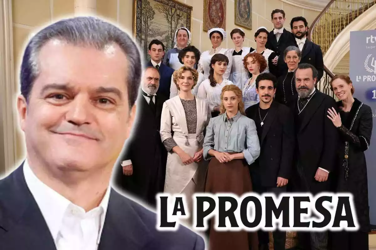 Montaje de fotos de primer plano de Ramón García sonriente y, de fondo, el elenco de actores y actrices de la serie 'La Promesa'