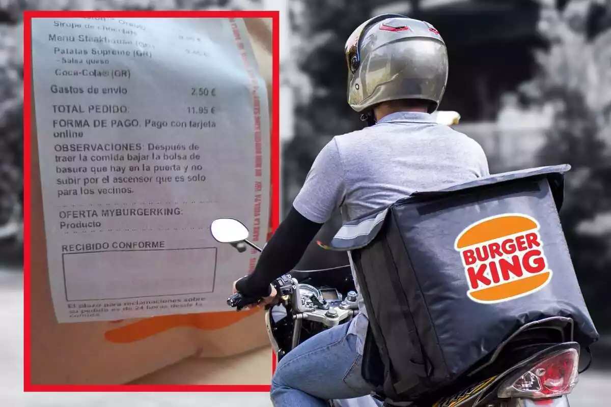 Montaje de fotos de un repartidor subido en una moto de espaldas con el logo de Burger King y, al lado, la imagen de una queja de un cliente de la mencionada empresa
