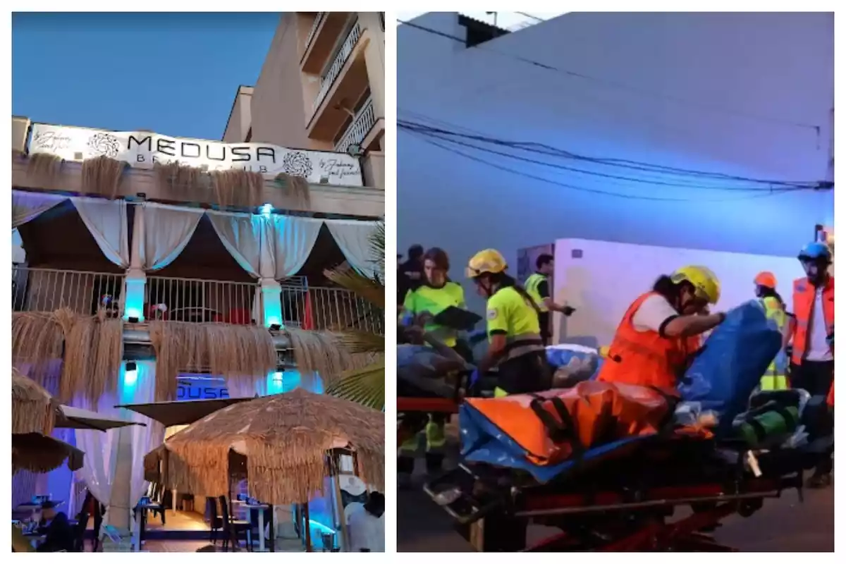 Montaje de fotos de la fachada del restaurante Medusa Beach Club de Palma de Mallorca y, al lado, santiarios atendiendo a heridos por el suceso que tuvo lugar en el local