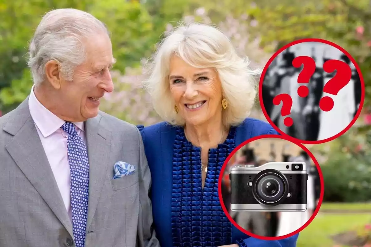 Montaje de fotos de plano corto del rey Carlos III y la reina Camila sonrientes y, al lado, emojis de una cámara de fotos e interrogantes
