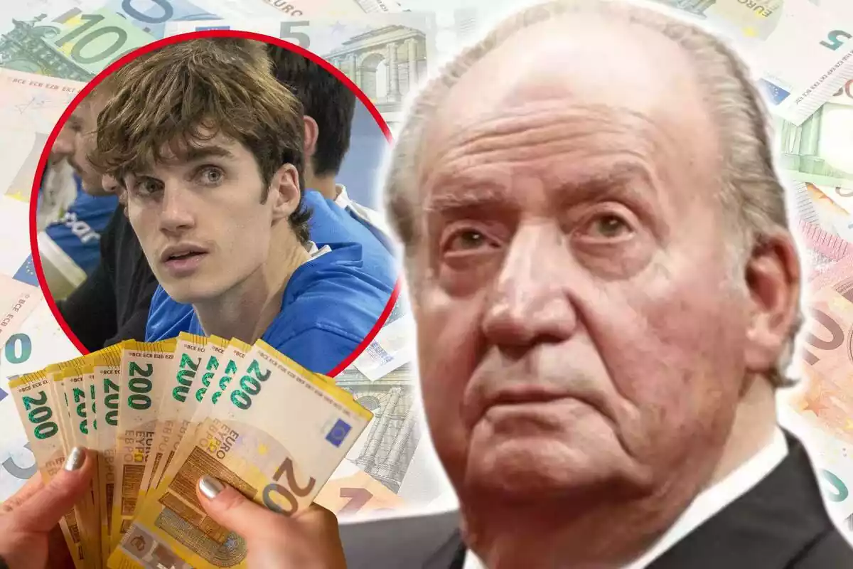 Montaje de fotos de primer plano del rey emérito Juan Carlos I y Pablo Urdangarin; ambos aparecen con el rostro serio y tienen de fondo una imagen con billetes de euro