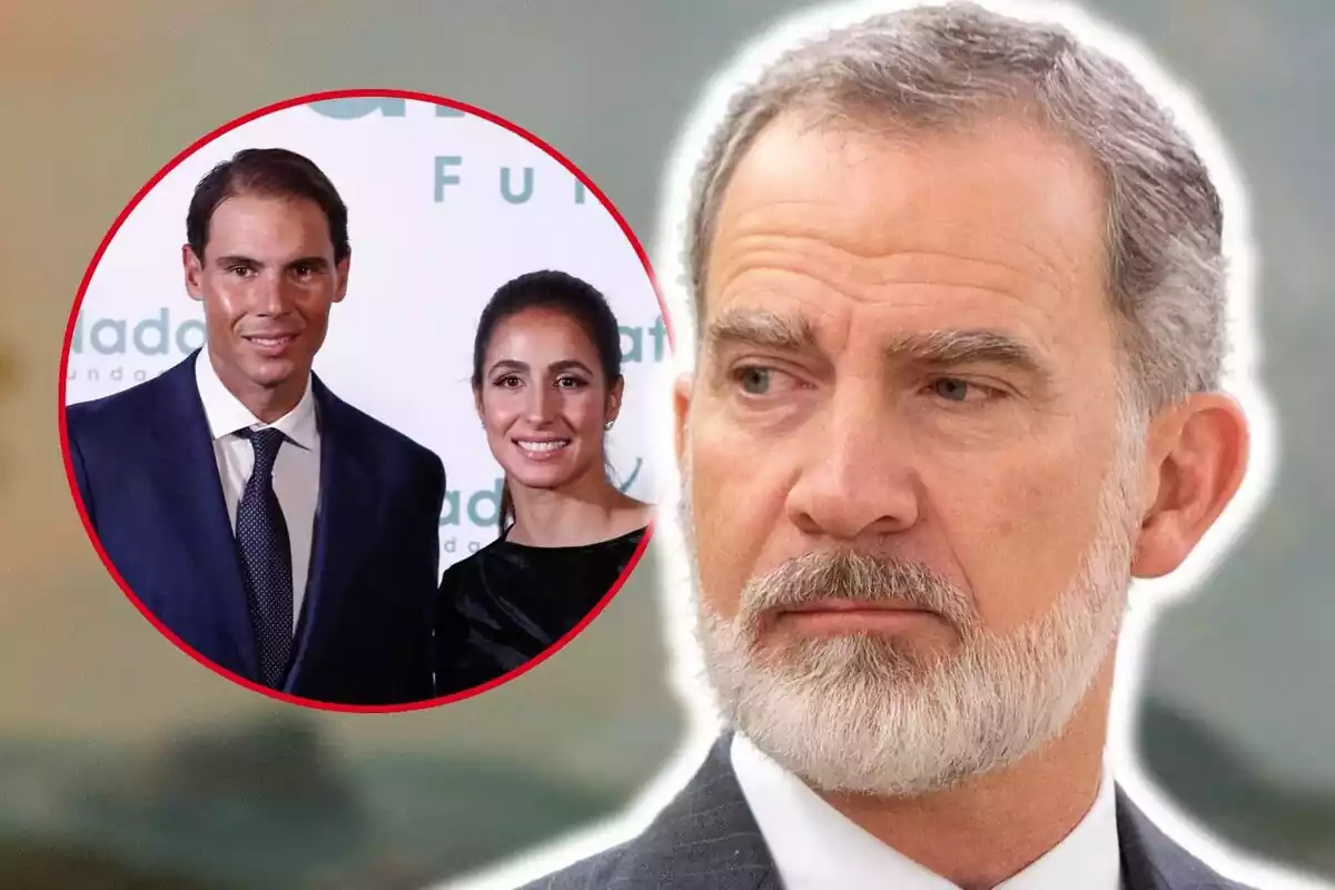 Montaje de fotos de primer plano del rey Felipe VI con rostro serio y, al lado, una imagen de Mery Perelló y Rafa Nadal donde aparecen sonrientes