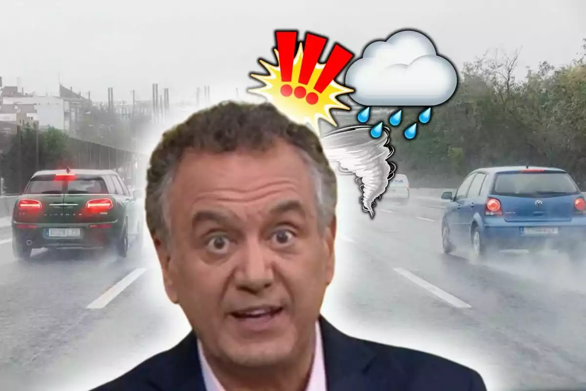 Roberto Brasero con expresión de sorpresa aparece sobre una carretera lluviosa con coches y símbolos de alerta meteorológica.