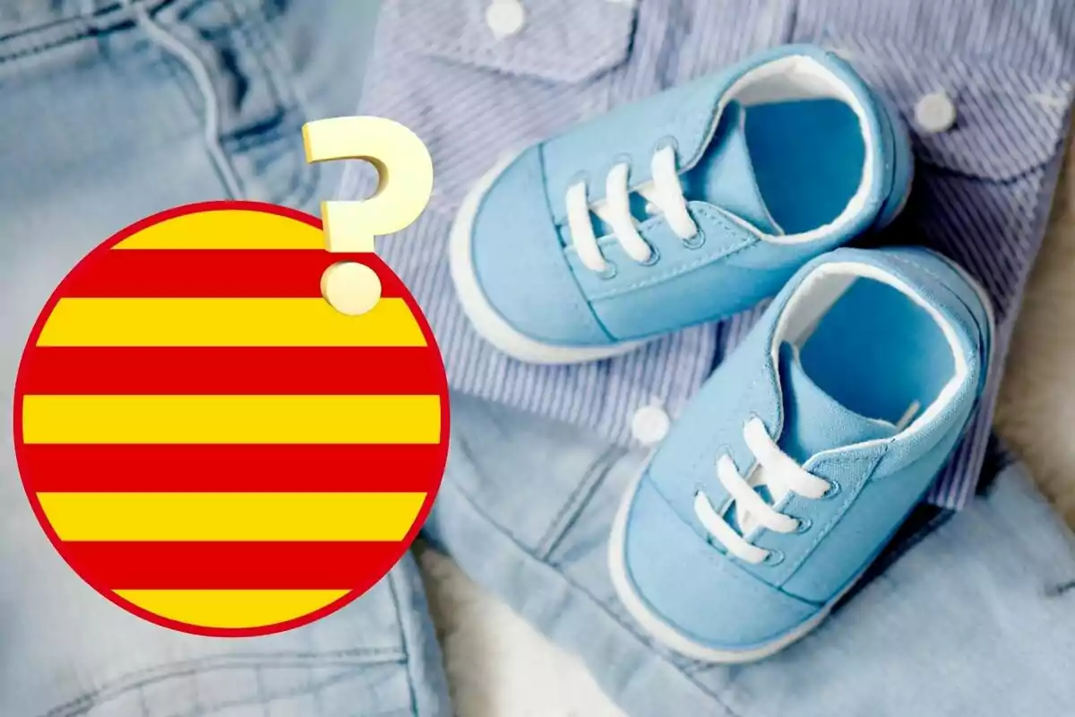 Montaje de fotos de ropa de niño, bandera catalana y un interrogante