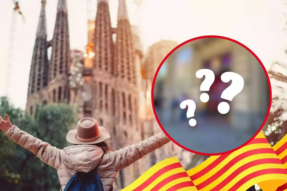 Montaje de fotos de un plano general de la Sagrada Familia y, al lado, una imagen de la tienda del Barça borrosa con interrogantes